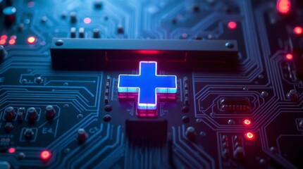 Circuit Board with Glowing Plus Sign for Technology Concepts