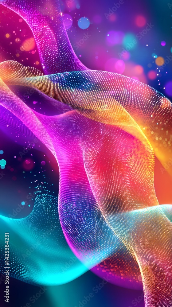 Poster dynamic abstract data visualization: flowing fractal network with vibrant neon colors and futuristic