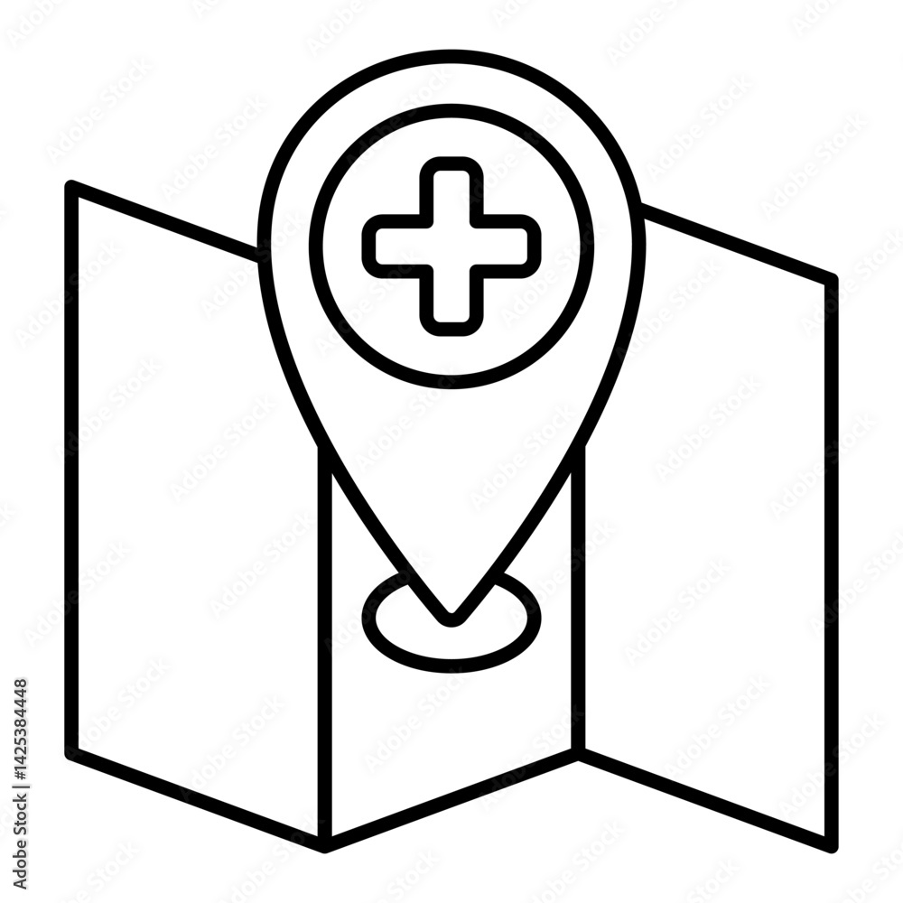 Poster map and location pinpoint with medical cross thin line icon, human rescue concept. vector graphics. 