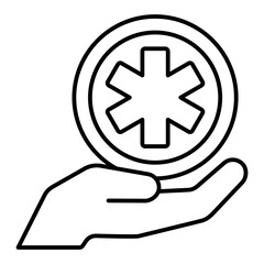 Fototapeta premium Medical symbol on hand palm thin line icon, human rescue concept. Vector graphics. Hand with star of life, healthcare sign on white background, linear style for mobile or design.