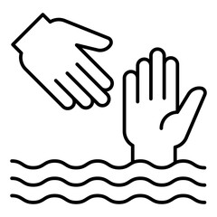 Rescuer hand helps drowning man thin line icon, human rescue concept. Vector graphics. Water safety, help sign on white background, linear style for mobile or design.