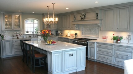 Fototapeta premium Elegant light gray kitchen with island and detailed cabinets.