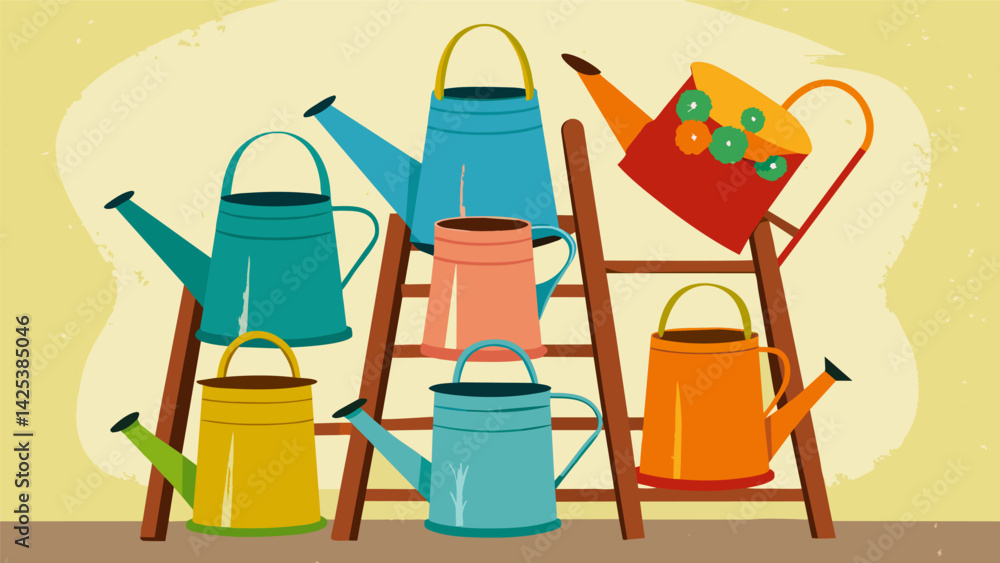 Poster a collection of retro watering cans sit atop a rustic ladder ready to add a touch of nostalgia to an