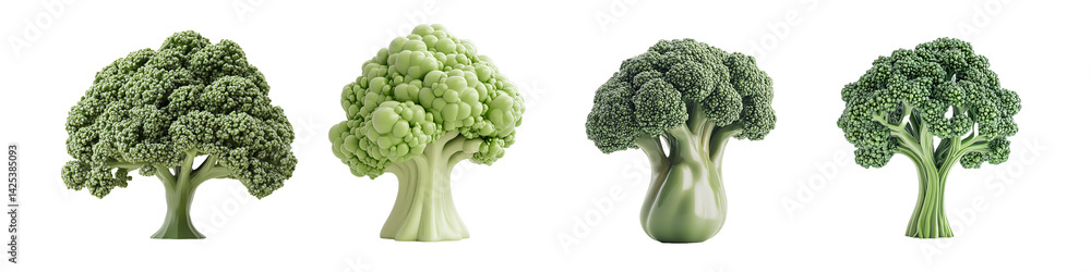 Poster set of fresh broccoli heads displayed like stylized trees. isolated on transparent background