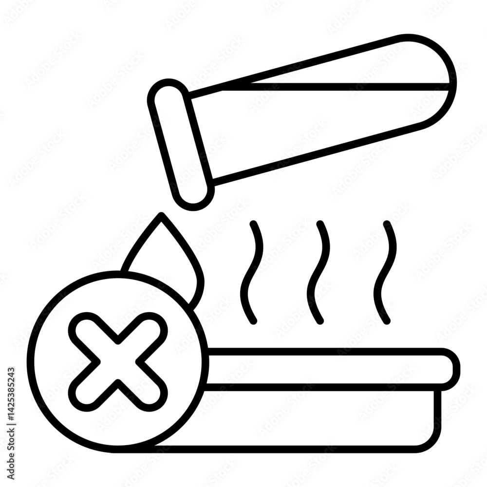 Poster flask liquid pouring to plate forbidden thin line icon, prohibited items concept. vector graphics. p