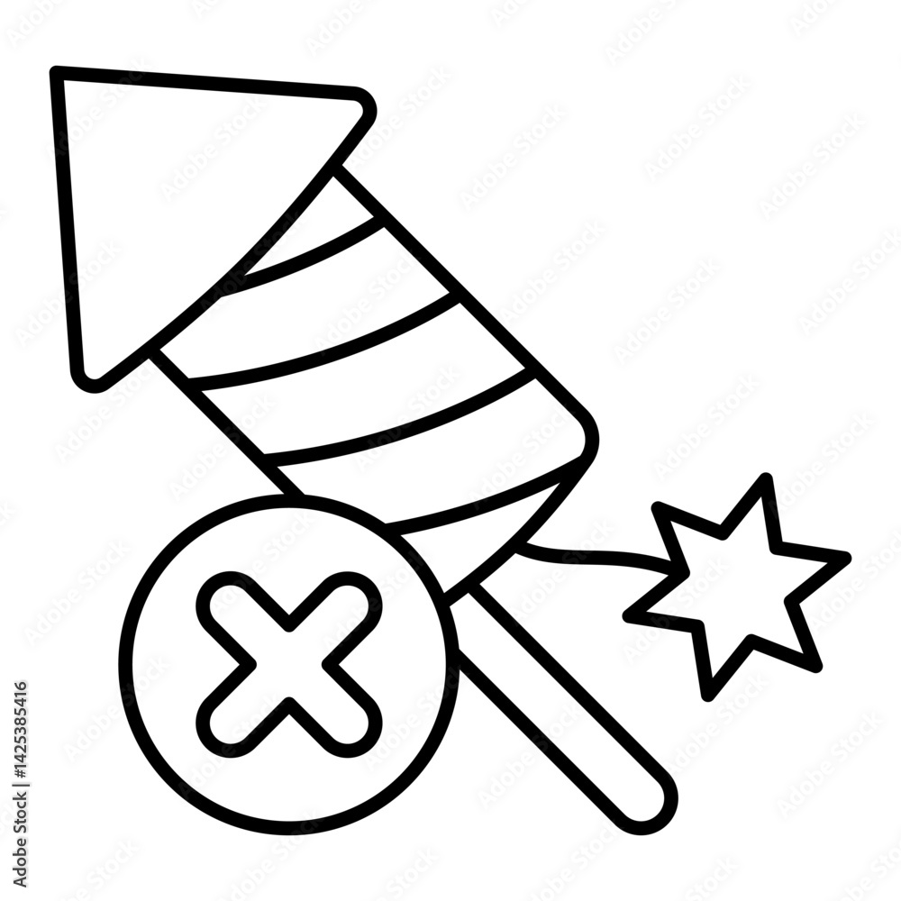 Poster firecracker rocket stick ban thin line icon, prohibited items concept. vector graphics. fireworks fo