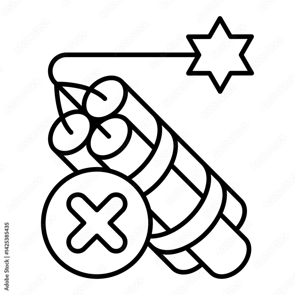 Poster dynamite sticks with fuse ban thin line icon, prohibited items concept. vector graphics. burning dyn