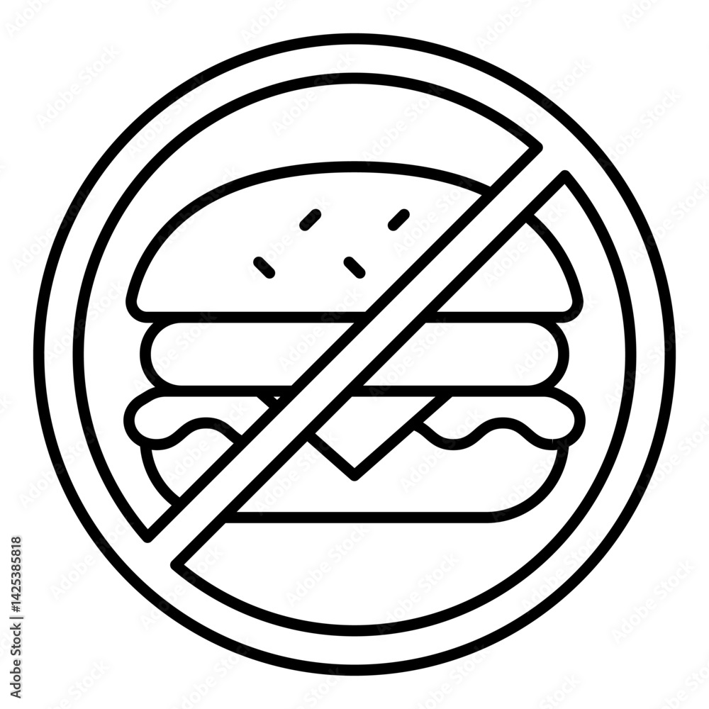 Poster hamburger with meat ban thin line icon, prohibited elements concept. vector graphics. burger bun fas