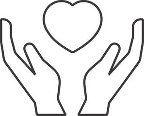 Minimalist line art of hands holding a heart symbol representing care, love, support, protection, and charity
