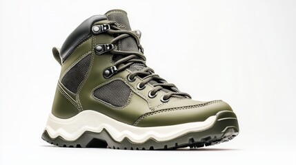 A stylish olive green hiking boot with a chunky white sole and durable laces is shown in a studio shot against a bright white background.