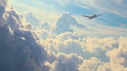 Naklejka premium High-flying plane above fluffy clouds on a bright day.