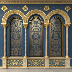 Ornate Gothic Architectural Facade with Golden Floral Arches and Blue Background Design
