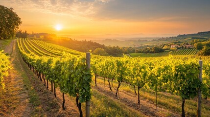 Fototapeta premium Vineyard rows stretching across a hillside at sunrise, golden light illuminating lush green grapevines.