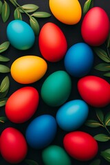 Colorful Easter Eggs on Dark Background with Green Leaves Arrangement