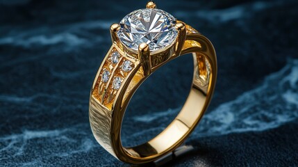 A dazzling solitaire diamond engagement in 14k yellow gold with intricate detailing and pave diamonds sits on a dark background.