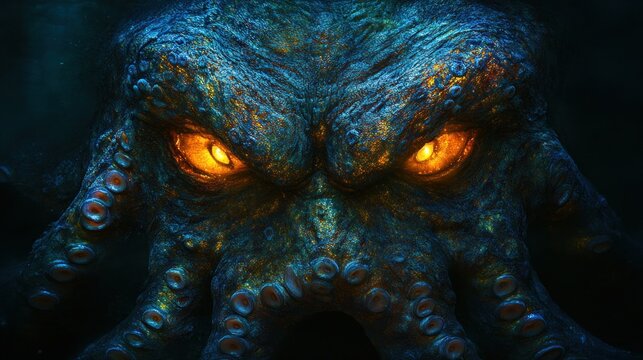 Kraken monster face, glowing eyes