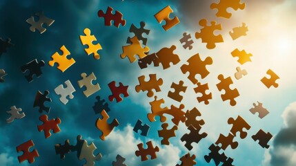 Scattered puzzle pieces float against a cloudy sky.