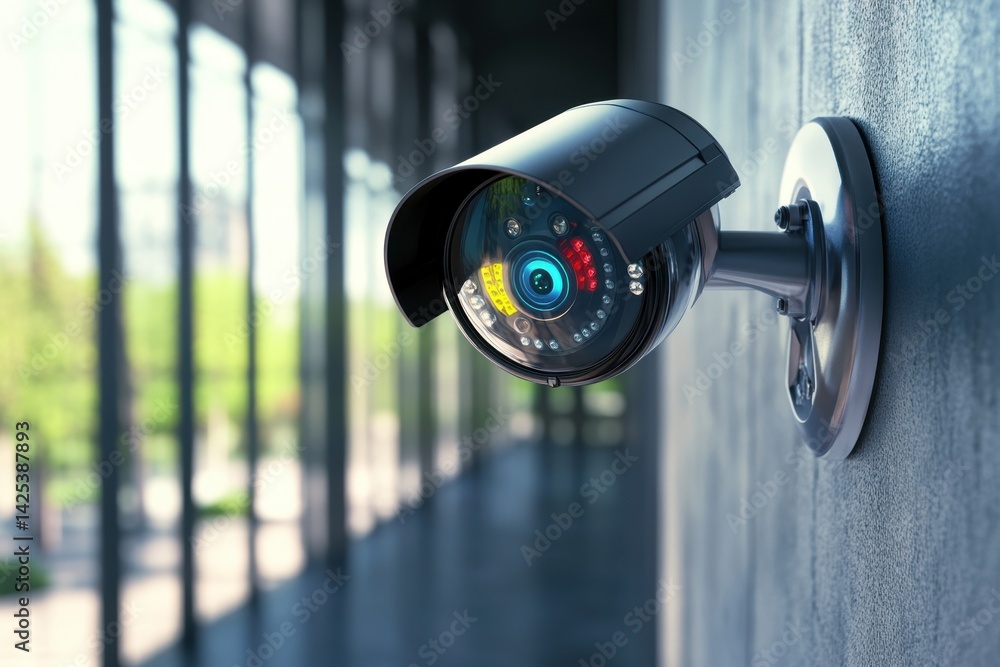 Poster security camera mounted in a modern building with large windows in daylight