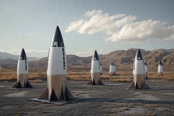 Rockets prepared for launch at a desert facility in the early morning light