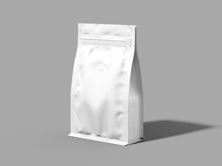 White Blank Coffee Bag Mockup 3D Rendering Zip Pouch Packaging on Gray Background