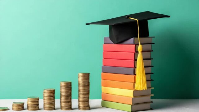 Rising education costs illustrated by stacked coins and graduation cap on colorful books.