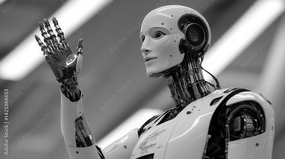 Poster advanced robotic figure in futuristic display.