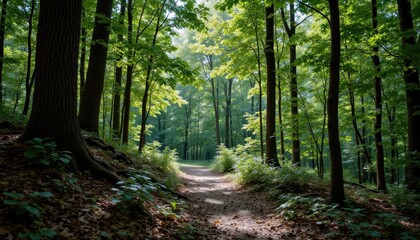 Fototapeta premium Forest trail with AR overlay showing botanical data and environmental statistics, blending nature with technology