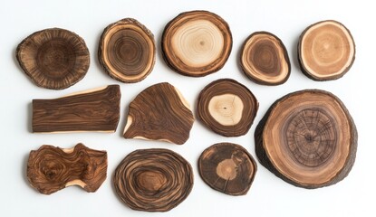 Assorted wood slices, various shapes, on white background, for craft or design