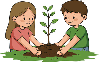 A boy and a girl are planting trees together on World Tree Day.