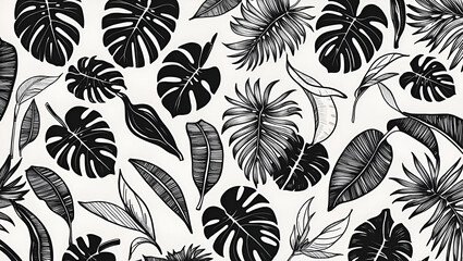 Whimsical tropical leaf set in doodle style, featuring hand-drawn black and white silhouettes of monstera, palm, banana, and lemon leaves. Ideal for creative design use