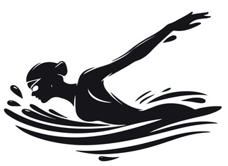  a bold black-and-white vector illustration of a female swimmer performing a butterfly stroke. Show her in mid-motion with one arm extended forward, water splashing dynamically around her