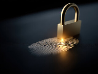 Close up of glowing padlock overlaying fingerprint, symbolizing security and protection