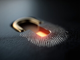 Close up of glowing padlock overlay on fingerprint log, symbolizing security and technology