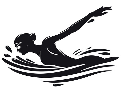  a bold black-and-white vector illustration of a female swimmer performing a butterfly stroke. Show her in mid-motion with one arm extended forward, water splashing dynamically around her