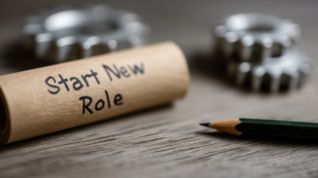 Start new role with gears and pencil, symbolizing new beginnings and opportunities in professional setting