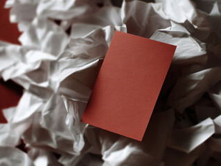Minimal photo of blank card on crumpled white paper, creating striking contrast and inviting creativity
