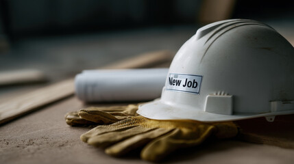 safety helmet with label, gloves, and blueprints on work surface, symbolizing new job opportunity