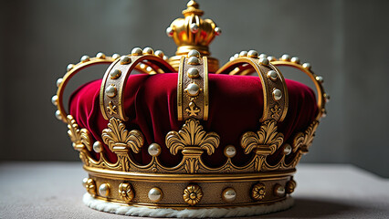 Golden Crown with Red Velvet and Pearl Embellishments