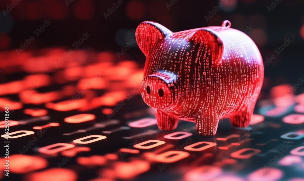 Poster digital piggy bank with binary code representing modern finance and savings concepts