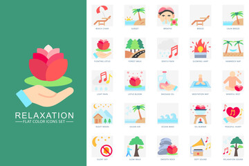 Fototapeta premium Relaxation flat color icons set. contain beach chair, sunset, calm breeze, ocean air, massage oil, silent sky, oil burner and more. use for modern concept, web and app development. Vector EPS 10