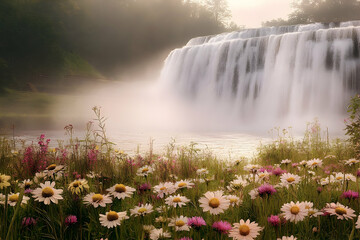 Naklejka premium Misty waterfall cascading over a flower-filled meadow.
