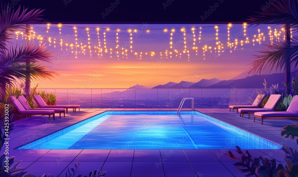 Poster stunning sunset view over luxurious pool with string lights and mountain backdrop