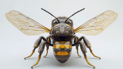 Close-up of a detailed bee model, wings spread, facing the camera against a white background.
