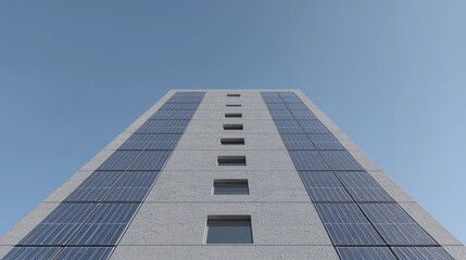Modern sustainable skyscraper facade with solar panels