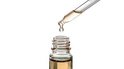 clear essential oil dripping from dropper on white background PNG. AI GENERATED