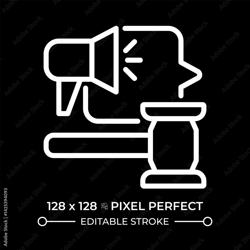Aufkleber right to fair public hearing pixel perfect white line icon in negative space. access to equal trail.