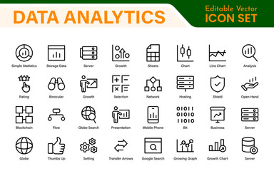 Big Data and Analytics Icon Pack – Cloud, AI, Charts, Visualization, Technology, Dashboard – Vector, Line, Outline, Minimal, Illustration Icons