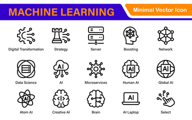 Artificial Intelligence Machine Learning Icons - AI, Neural Network, Deep Learning, Data Science, Algorithm - Vector, Outline, Line, Illustration, Minimal