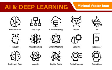 Fototapeta premium Artificial Intelligence Machine Learning Icons - AI, Neural Network, Deep Learning, Data Science, Algorithm - Vector, Outline, Line, Illustration, Minimal