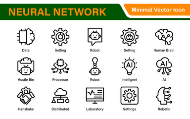 Artificial Intelligence Machine Learning Icons - AI, Neural Network, Deep Learning, Data Science, Algorithm - Vector, Outline, Line, Illustration, Minimal